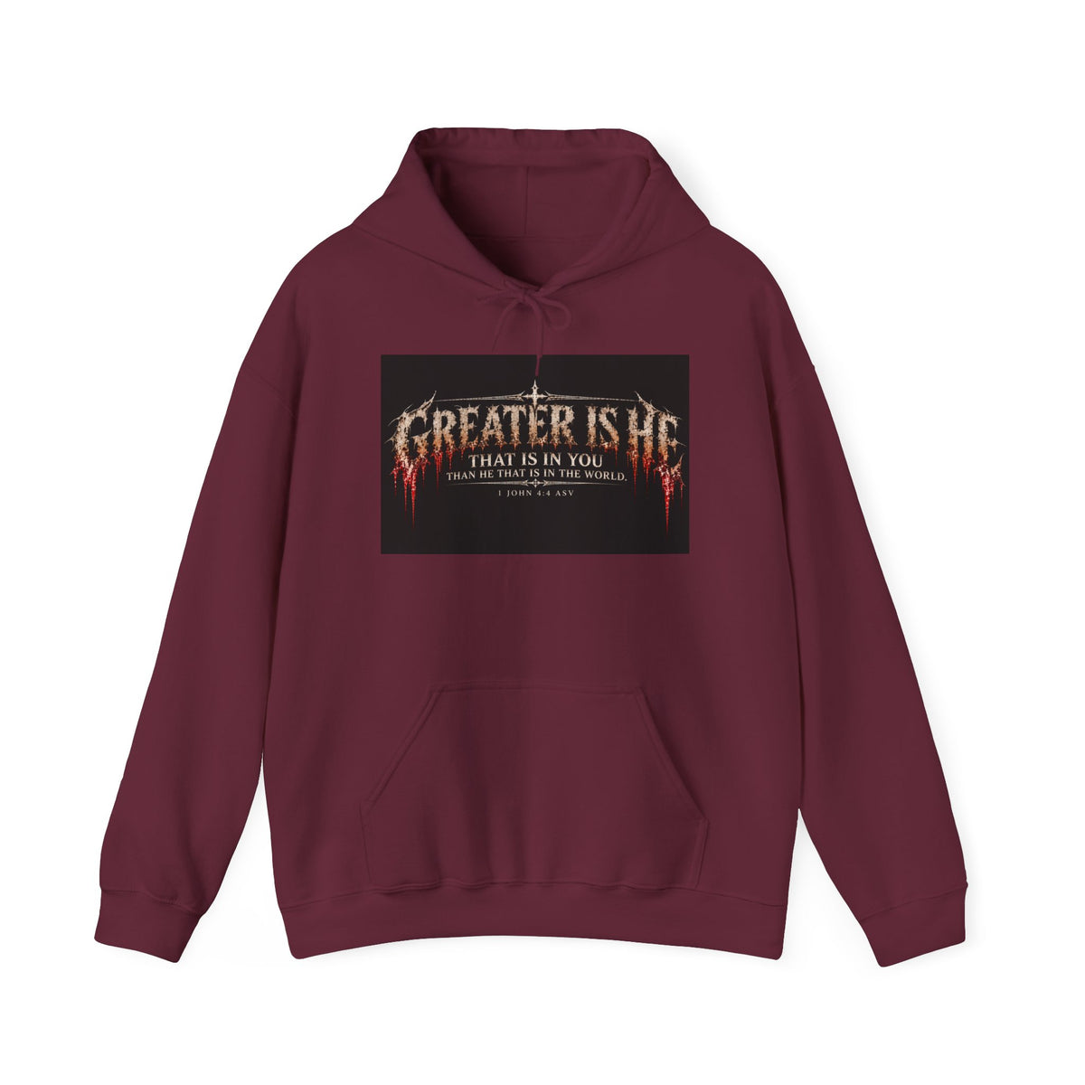 “Greater Is He” Holiday October Edition Christian Hoodie with Flame Cross Design