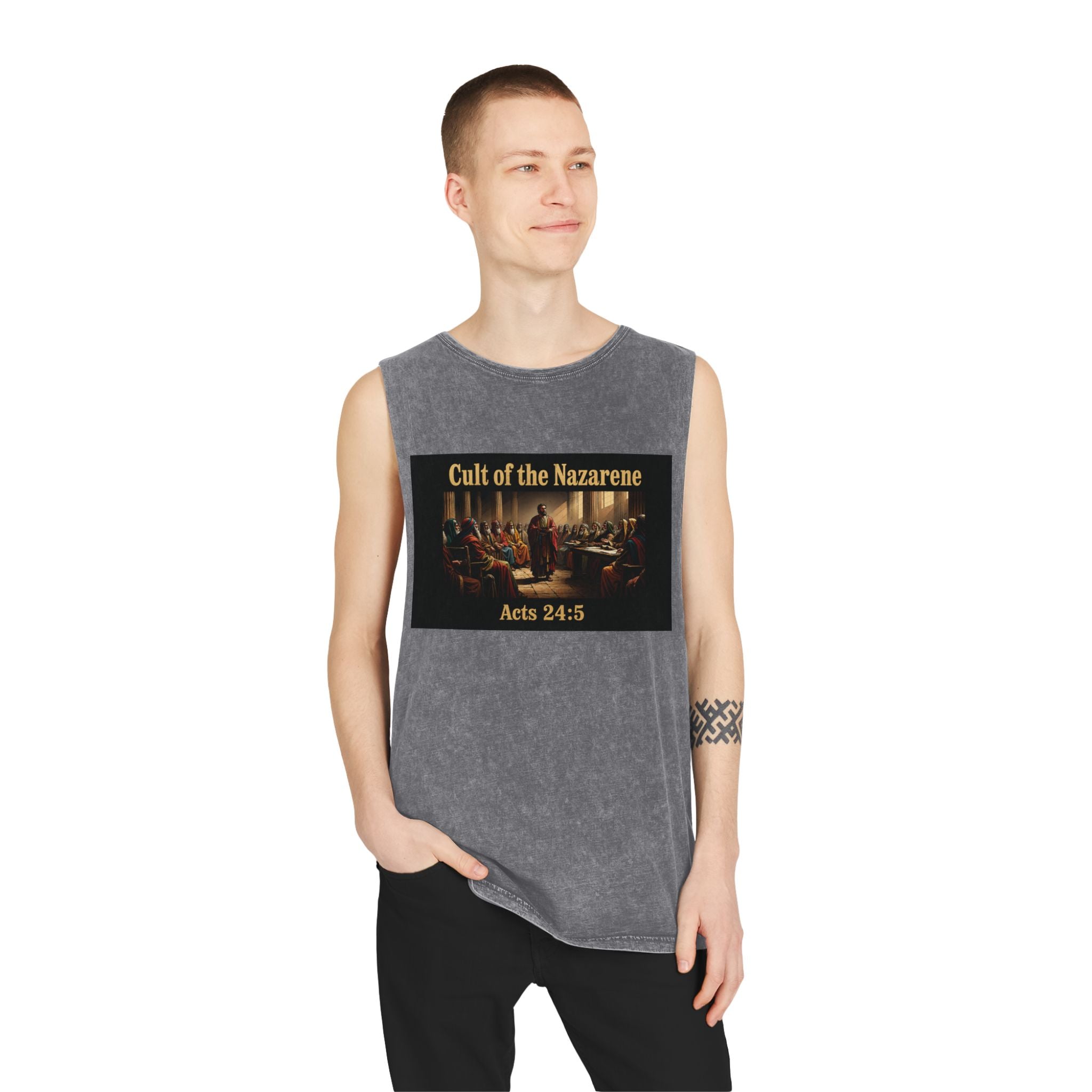 Cult of the Nazarene Tank Top – Vintage Stonewash Christian Scripture (Acts 24:5 / Matthew 5:11)