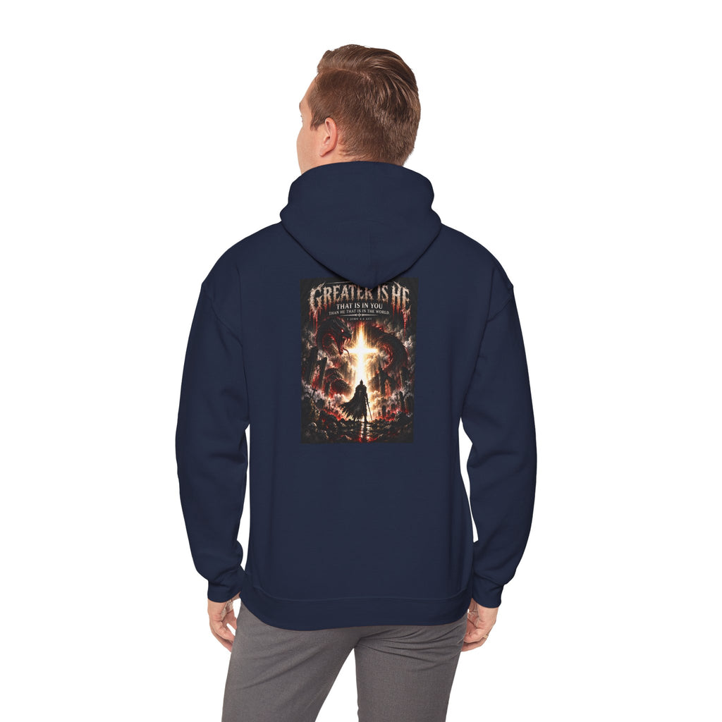 “Greater Is He” Holiday October Edition Christian Hoodie with Flame Cross Design