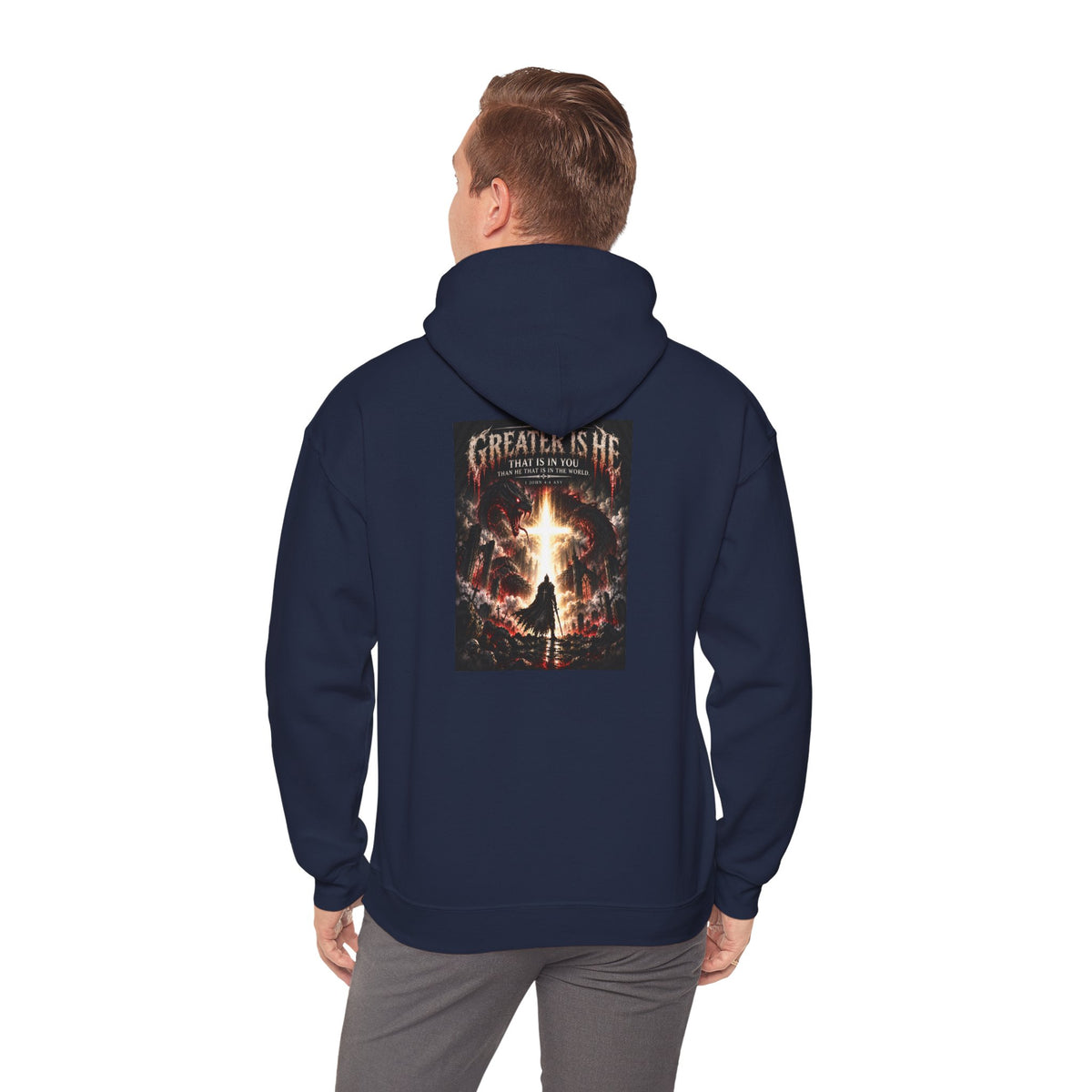 “Greater Is He” Holiday October Edition Christian Hoodie with Flame Cross Design