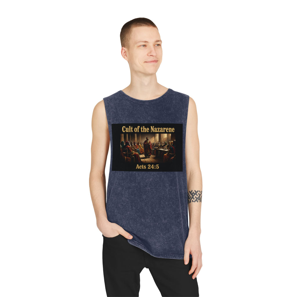 Cult of the Nazarene Tank Top – Vintage Stonewash Christian Scripture (Acts 24:5 / Matthew 5:11)