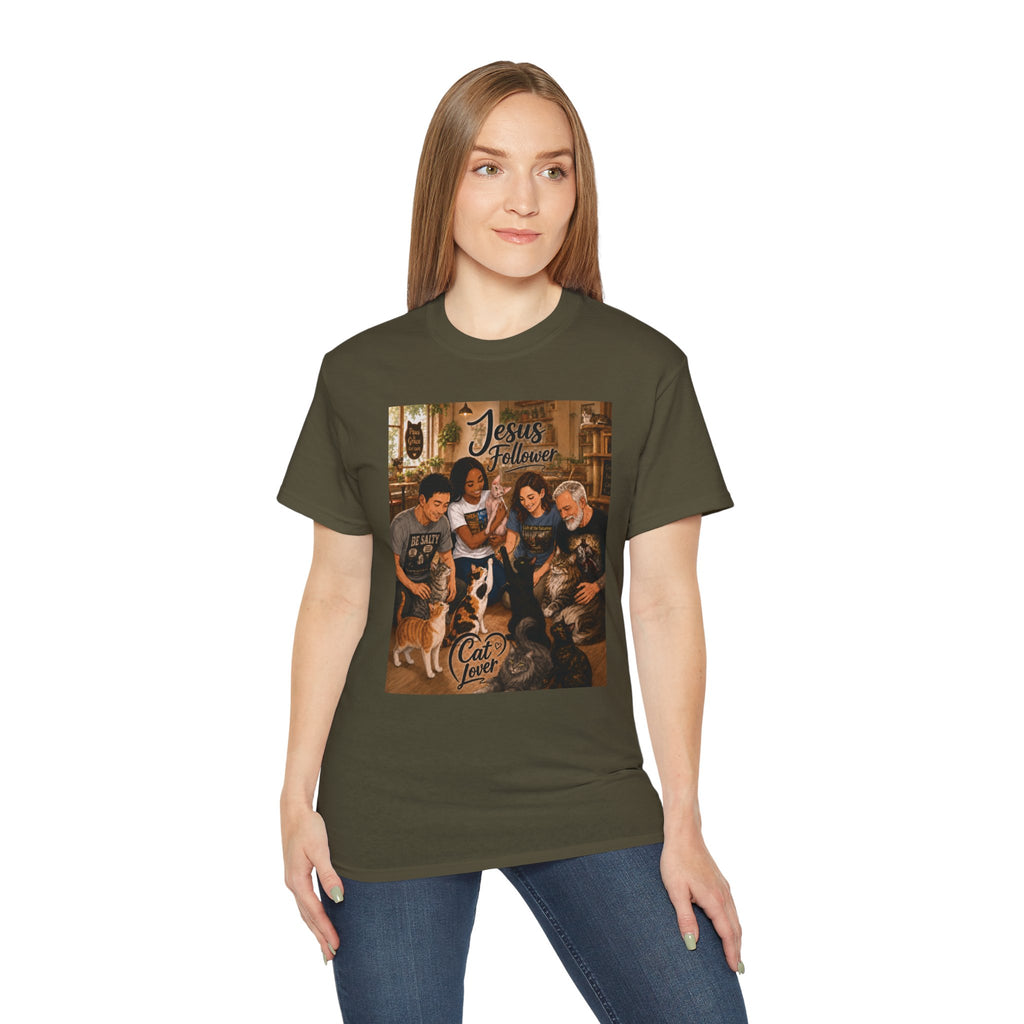Jesus Follower Cat Lover T-Shirt — Proverbs 12:10 cat cafe Faith Tee