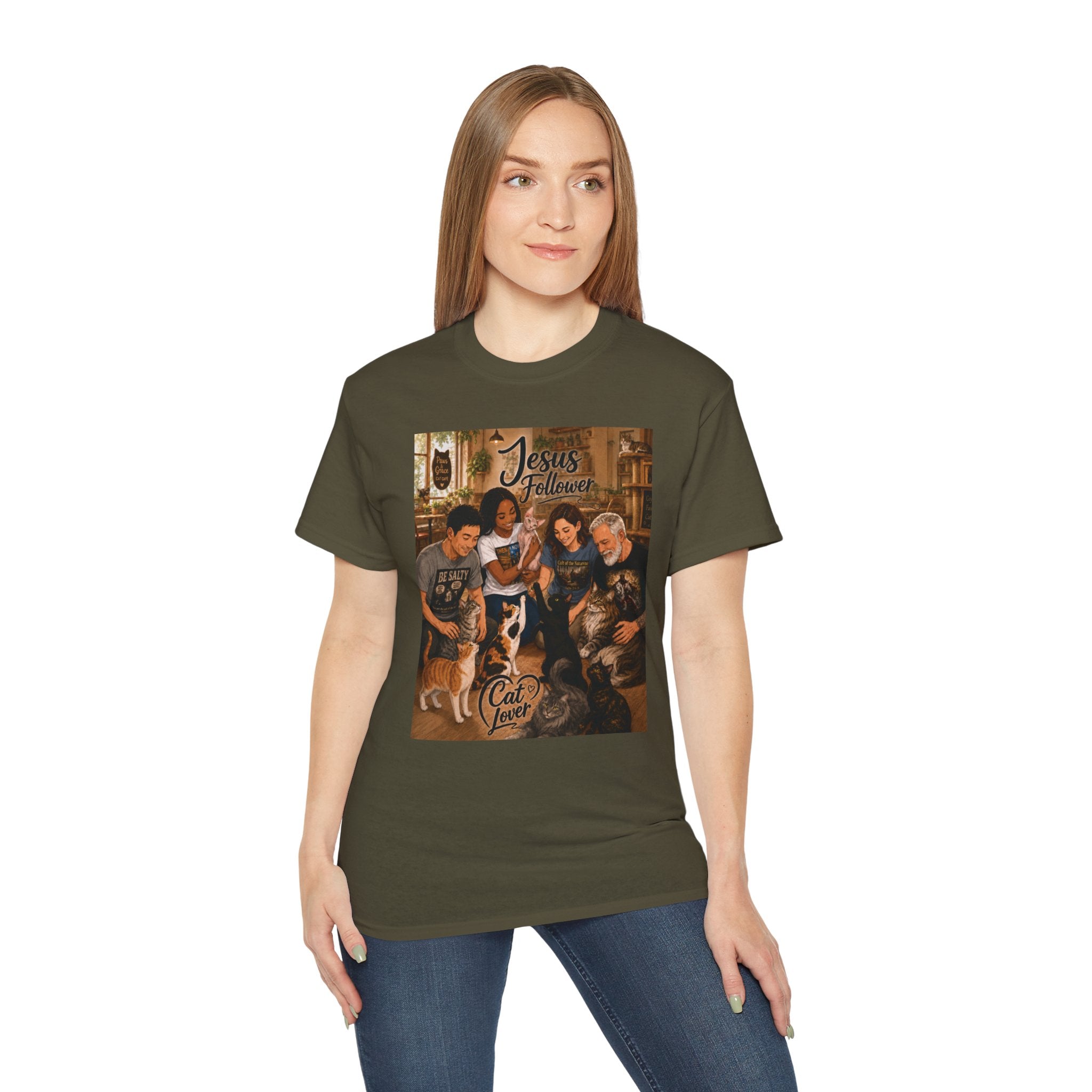 Jesus Follower Cat Lover T-Shirt — Proverbs 12:10 cat cafe Faith Tee