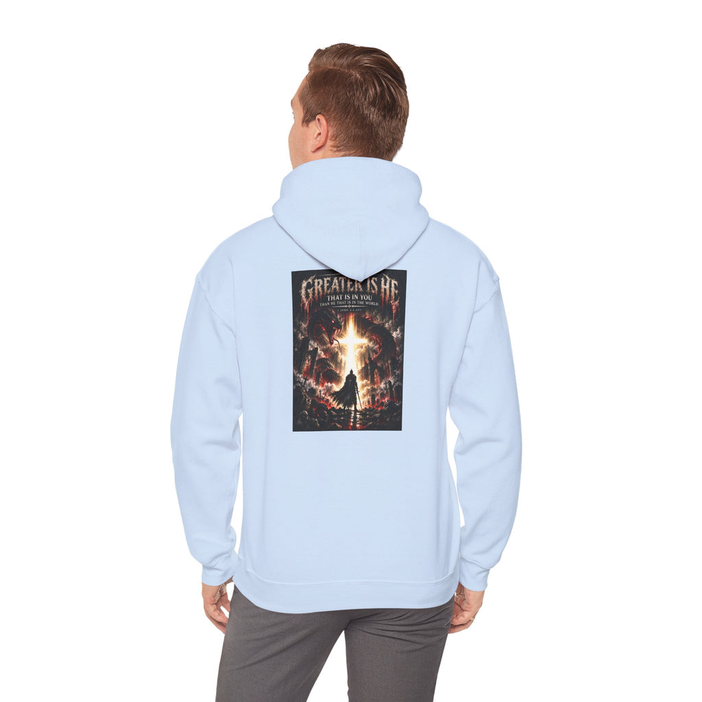 “Greater Is He” Holiday October Edition Christian Hoodie with Flame Cross Design