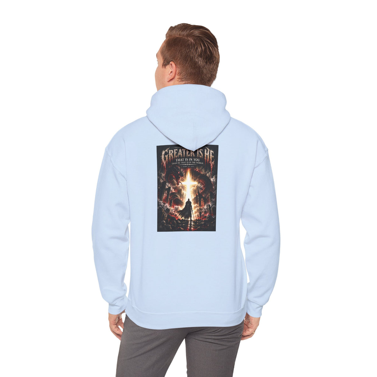 “Greater Is He” Holiday October Edition Christian Hoodie with Flame Cross Design