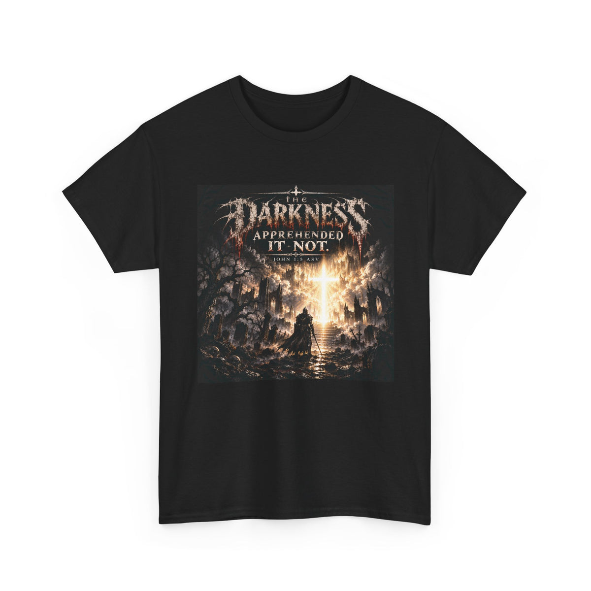 "Light Defeats Darkness" October Holliday Line edition T-Shirt — "Darkness Appeared He Need It Not" Graphic Tee (Ephesians 6:11)