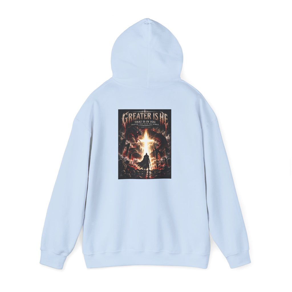 “Greater Is He” Holiday October Edition Christian Hoodie with Flame Cross Design