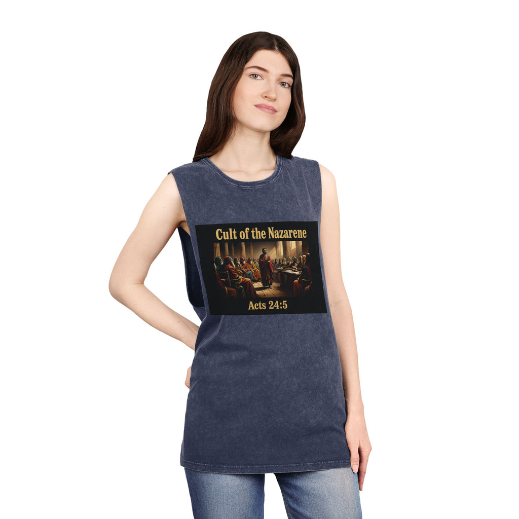 Cult of the Nazarene Tank Top – Vintage Stonewash Christian Scripture (Acts 24:5 / Matthew 5:11)