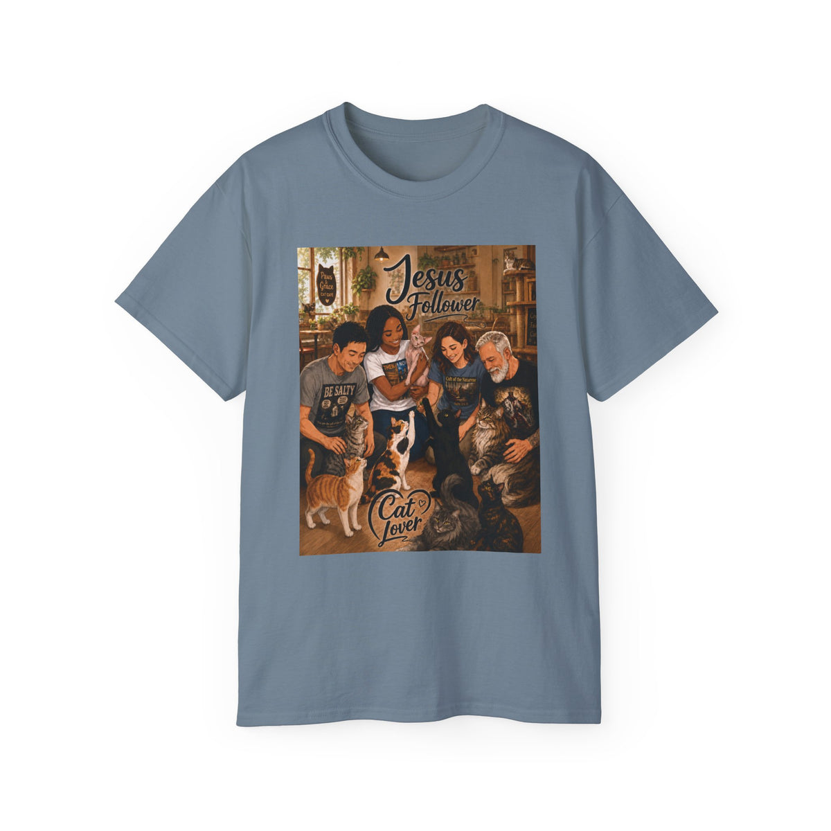 Jesus Follower Cat Lover T-Shirt — Proverbs 12:10 cat cafe Faith Tee