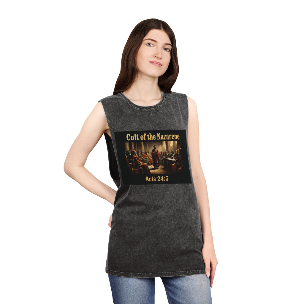 Cult of the Nazarene Tank Top – Vintage Stonewash Christian Scripture (Acts 24:5 / Matthew 5:11)