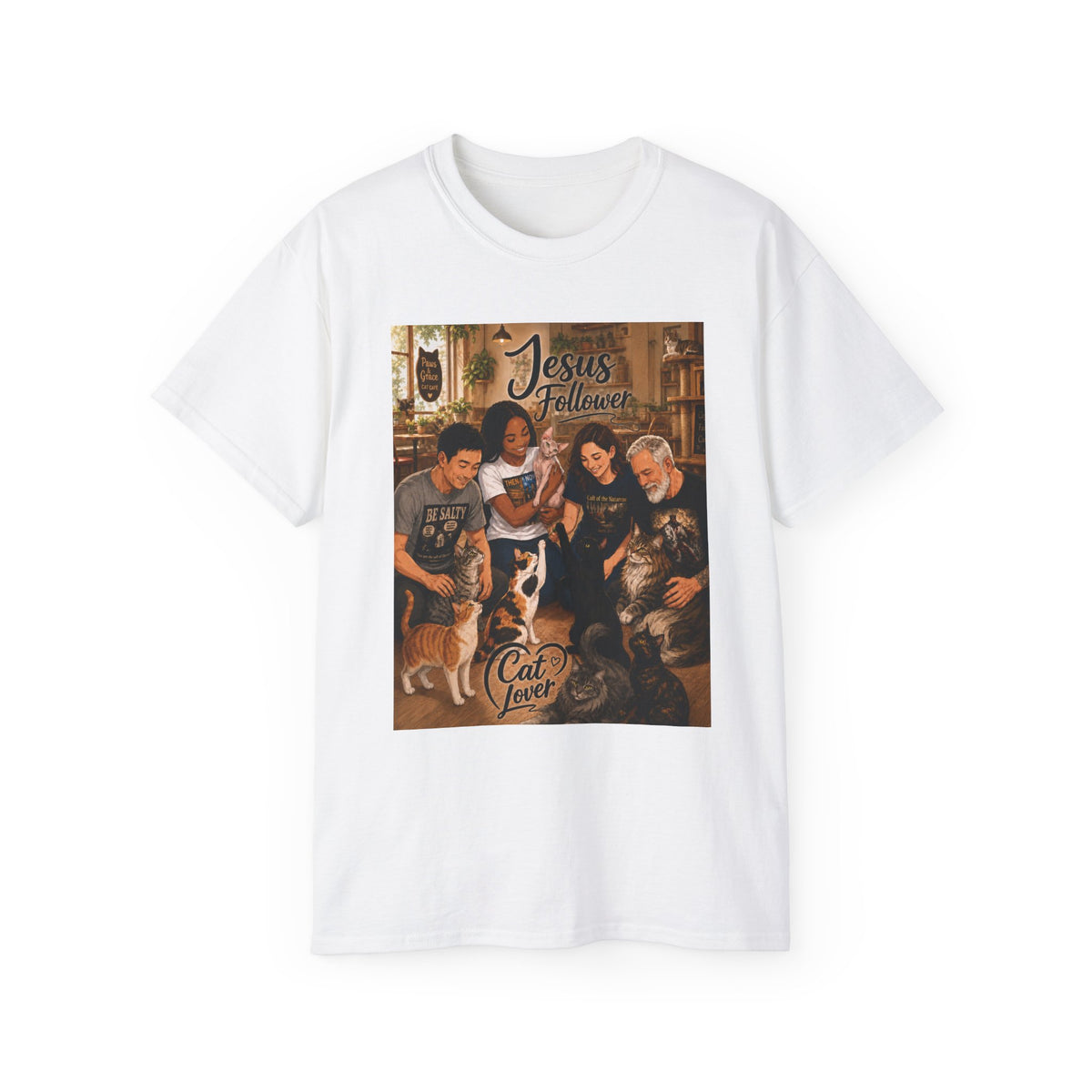Jesus Follower Cat Lover T-Shirt — Proverbs 12:10 cat cafe Faith Tee