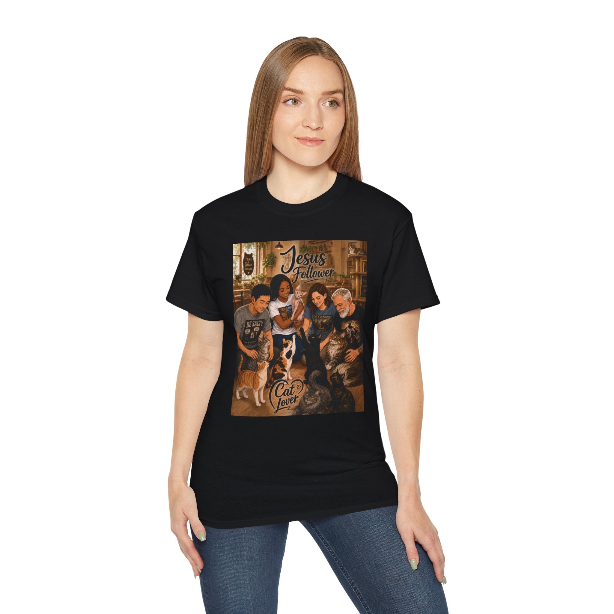 Jesus Follower Cat Lover T-Shirt — Proverbs 12:10 cat cafe Faith Tee