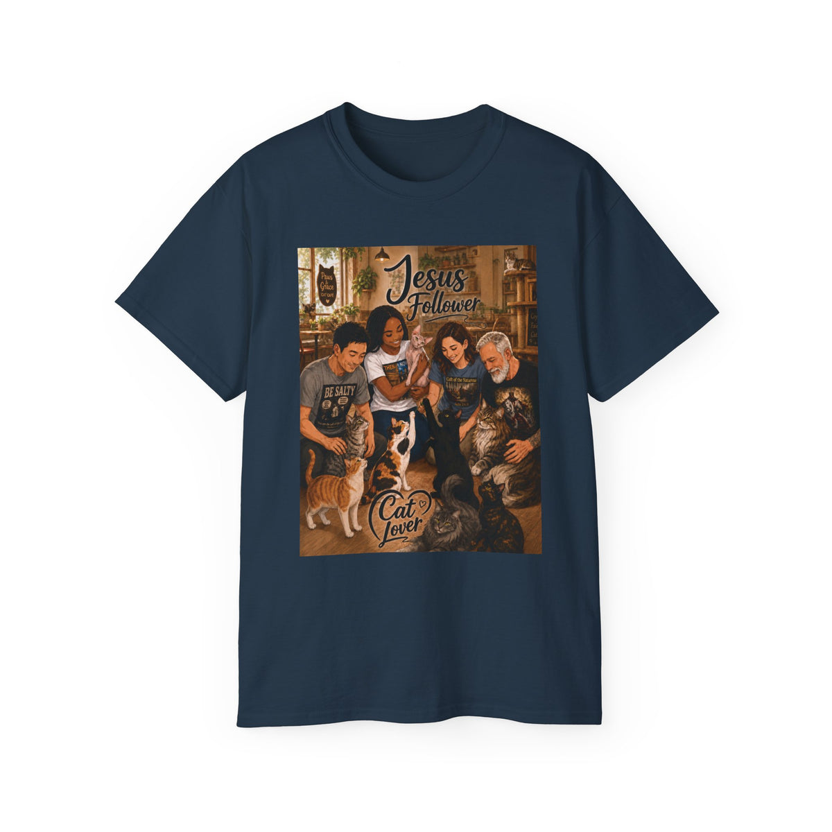 Jesus Follower Cat Lover T-Shirt — Proverbs 12:10 cat cafe Faith Tee