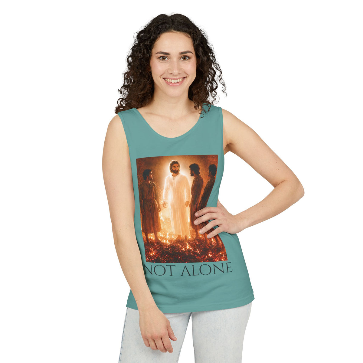 'Not Alone' Tank Top — Jesus with Four Men, Daniel 3:25 Scripture Tank
