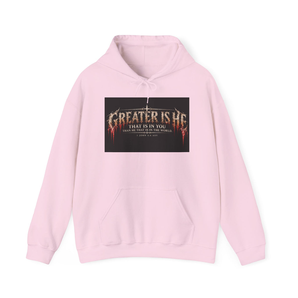 “Greater Is He” Holiday October Edition Christian Hoodie with Flame Cross Design