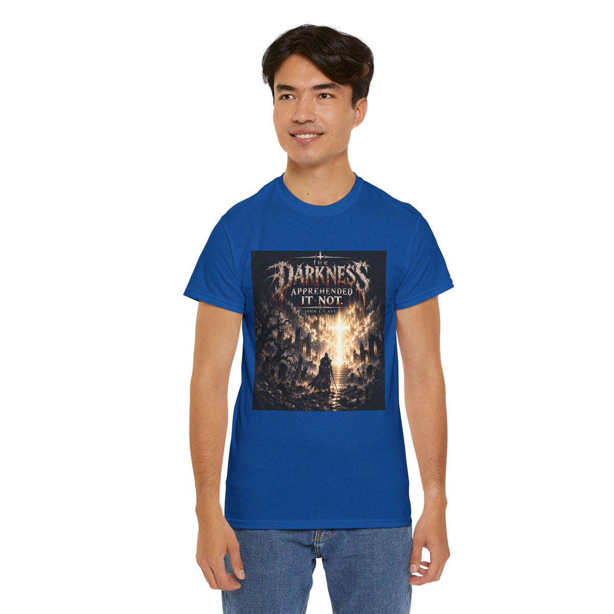 "Light Defeats Darkness" October Holliday Line edition T-Shirt — "Darkness Appeared He Need It Not" Graphic Tee (Ephesians 6:11)