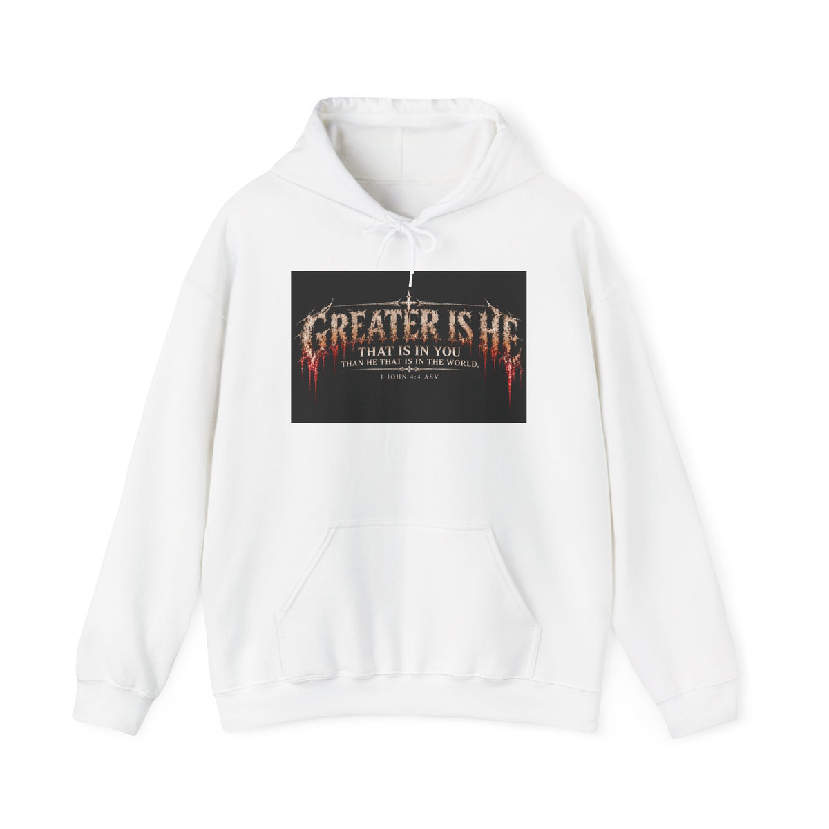 “Greater Is He” Holiday October Edition Christian Hoodie with Flame Cross Design