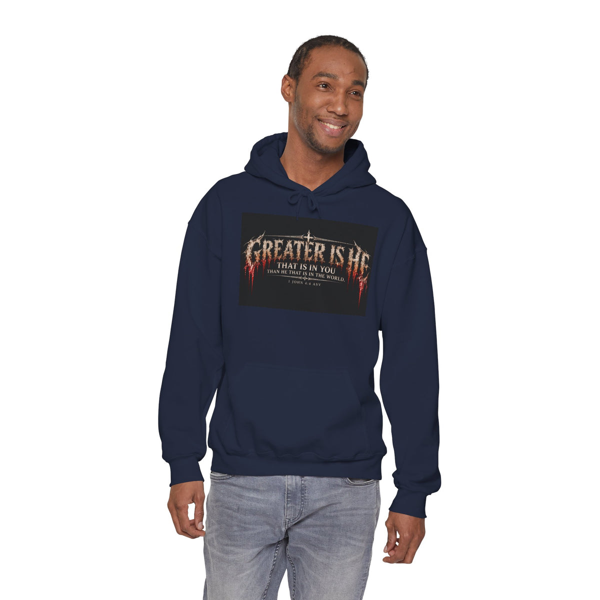 “Greater Is He” Holiday October Edition Christian Hoodie with Flame Cross Design