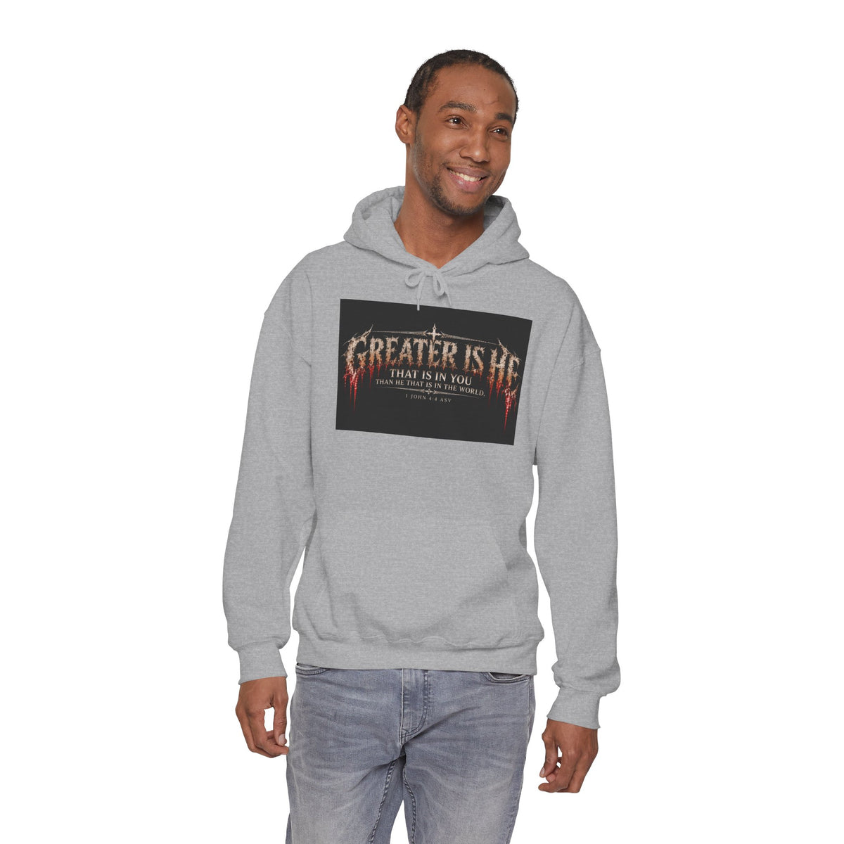 “Greater Is He” Holiday October Edition Christian Hoodie with Flame Cross Design