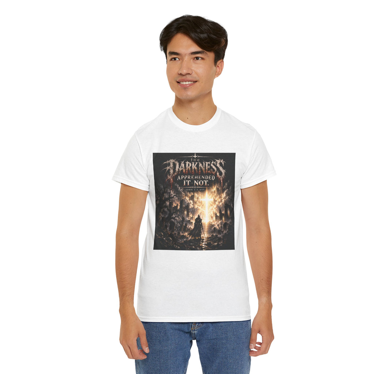 "Light Defeats Darkness" October Holliday Line edition T-Shirt — "Darkness Appeared He Need It Not" Graphic Tee (Ephesians 6:11)