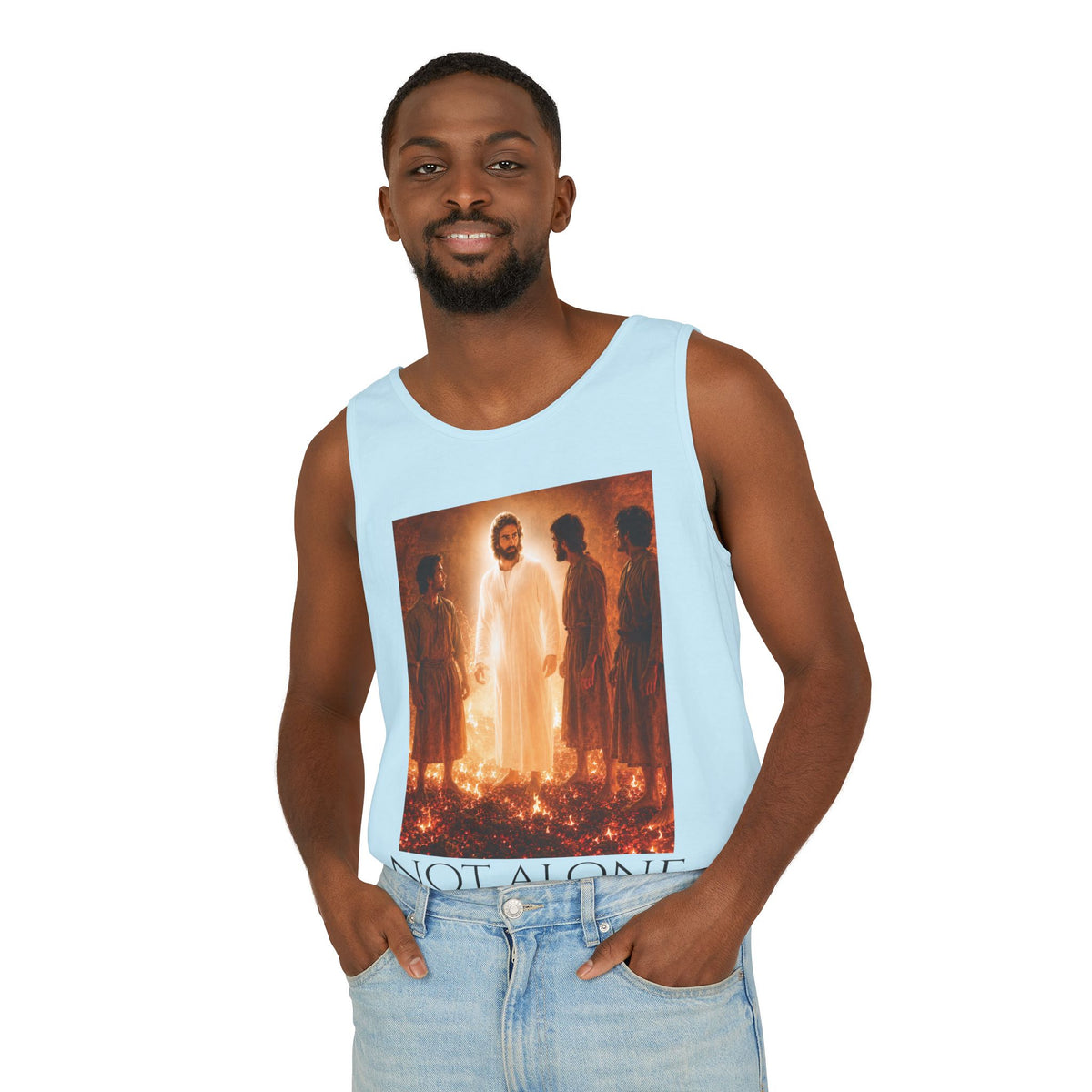 'Not Alone' Tank Top — Jesus with Four Men, Daniel 3:25 Scripture Tank
