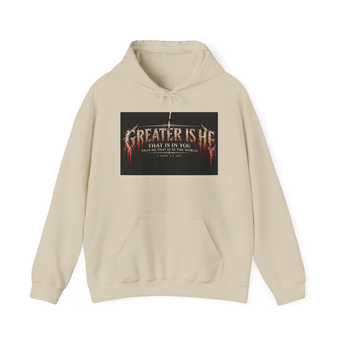 “Greater Is He” Holiday October Edition Christian Hoodie with Flame Cross Design