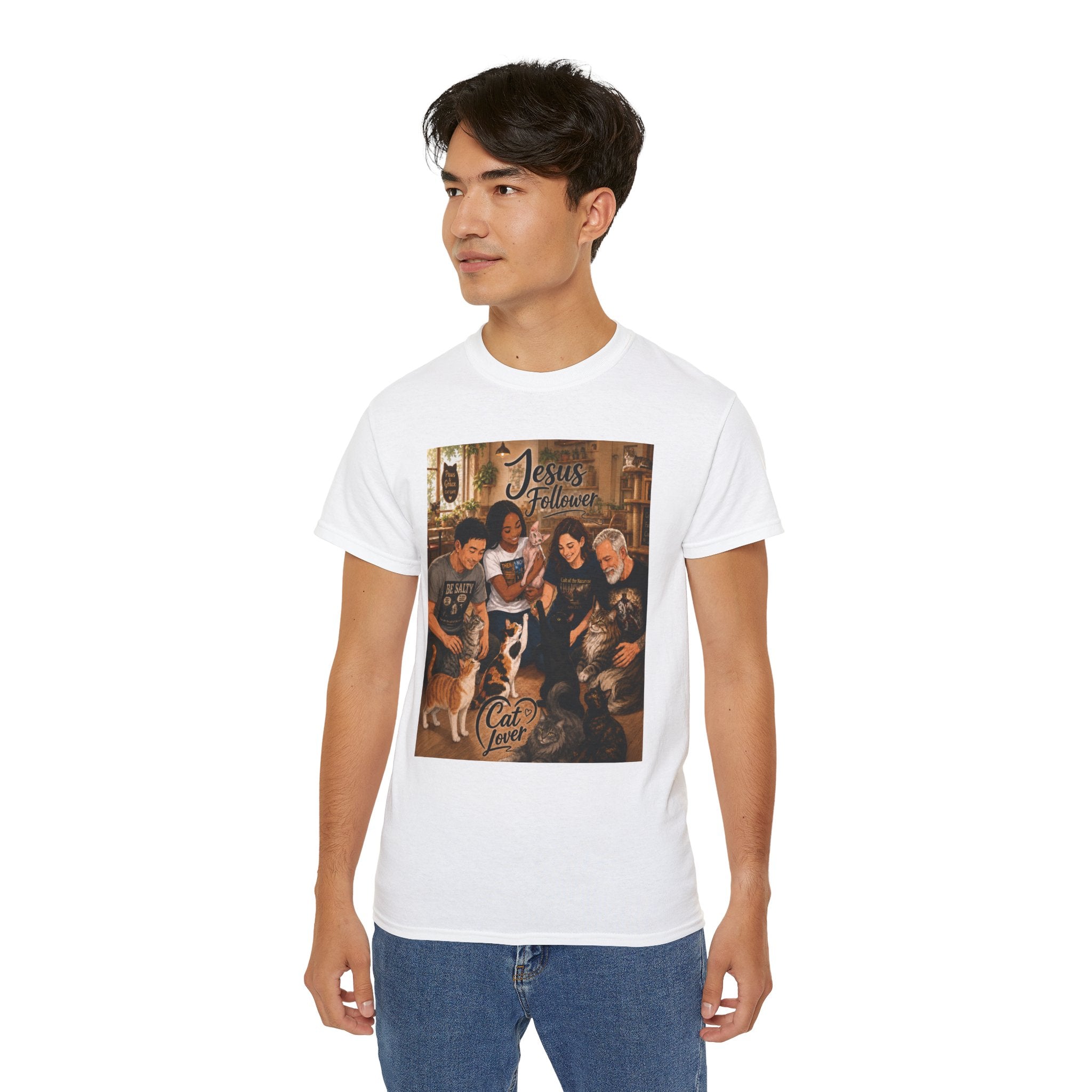Jesus Follower Cat Lover T-Shirt — Proverbs 12:10 cat cafe Faith Tee