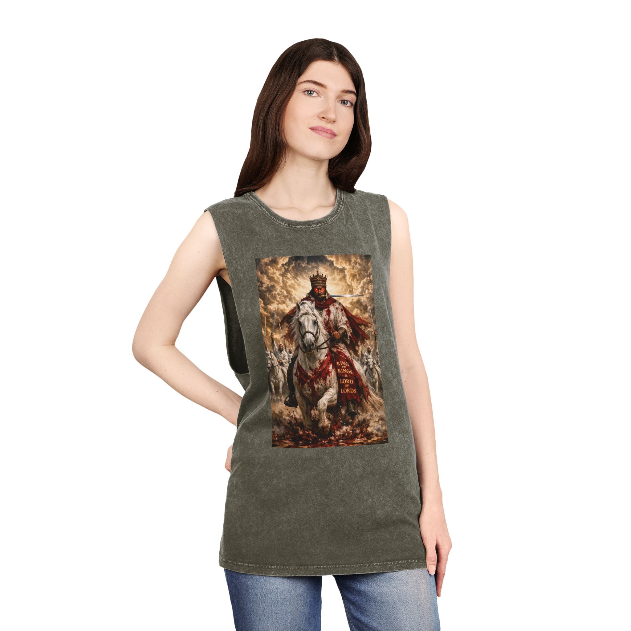 Jesus Is Lord Tank Top — King on White Horse Religious Stonewash Muscle Tee