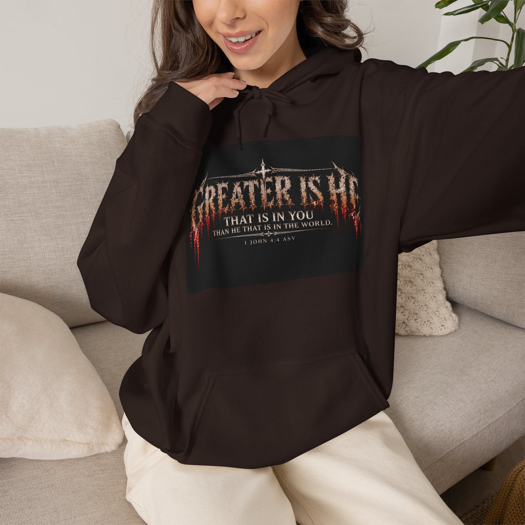 “Greater Is He” Holiday October Edition Christian Hoodie with Flame Cross Design