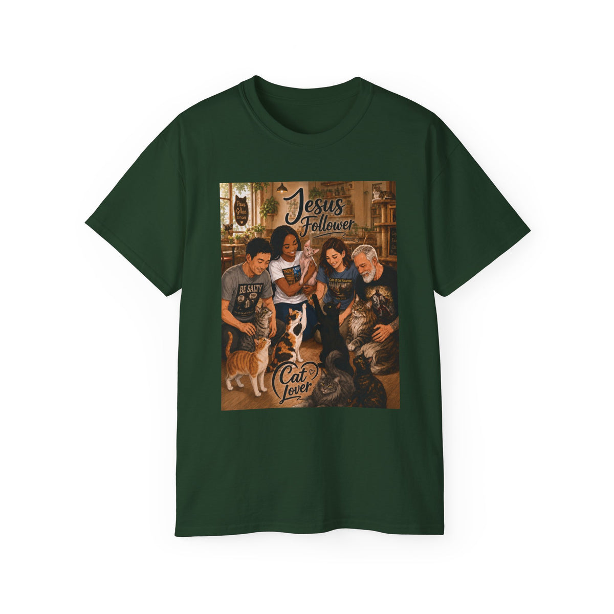Jesus Follower Cat Lover T-Shirt — Proverbs 12:10 cat cafe Faith Tee