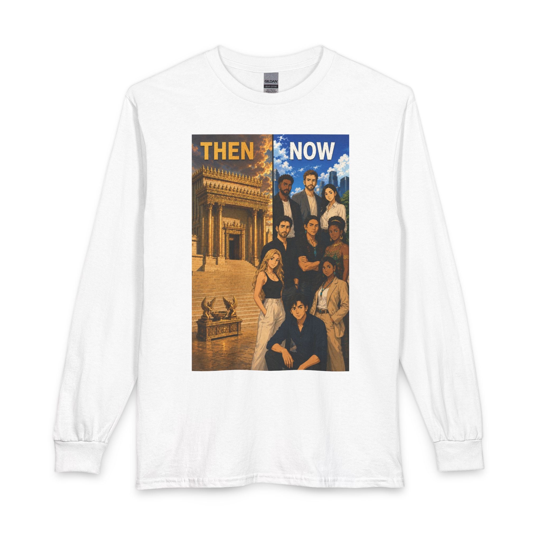 Then & Now non-animated Long Sleeve Tee — 2 Corinthians 6:16 Scripture Shirt