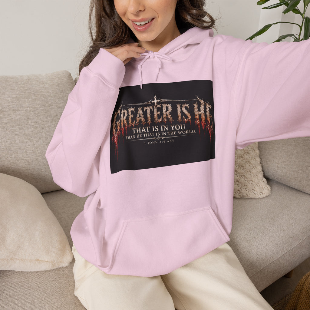 “Greater Is He” Holiday October Edition Christian Hoodie with Flame Cross Design