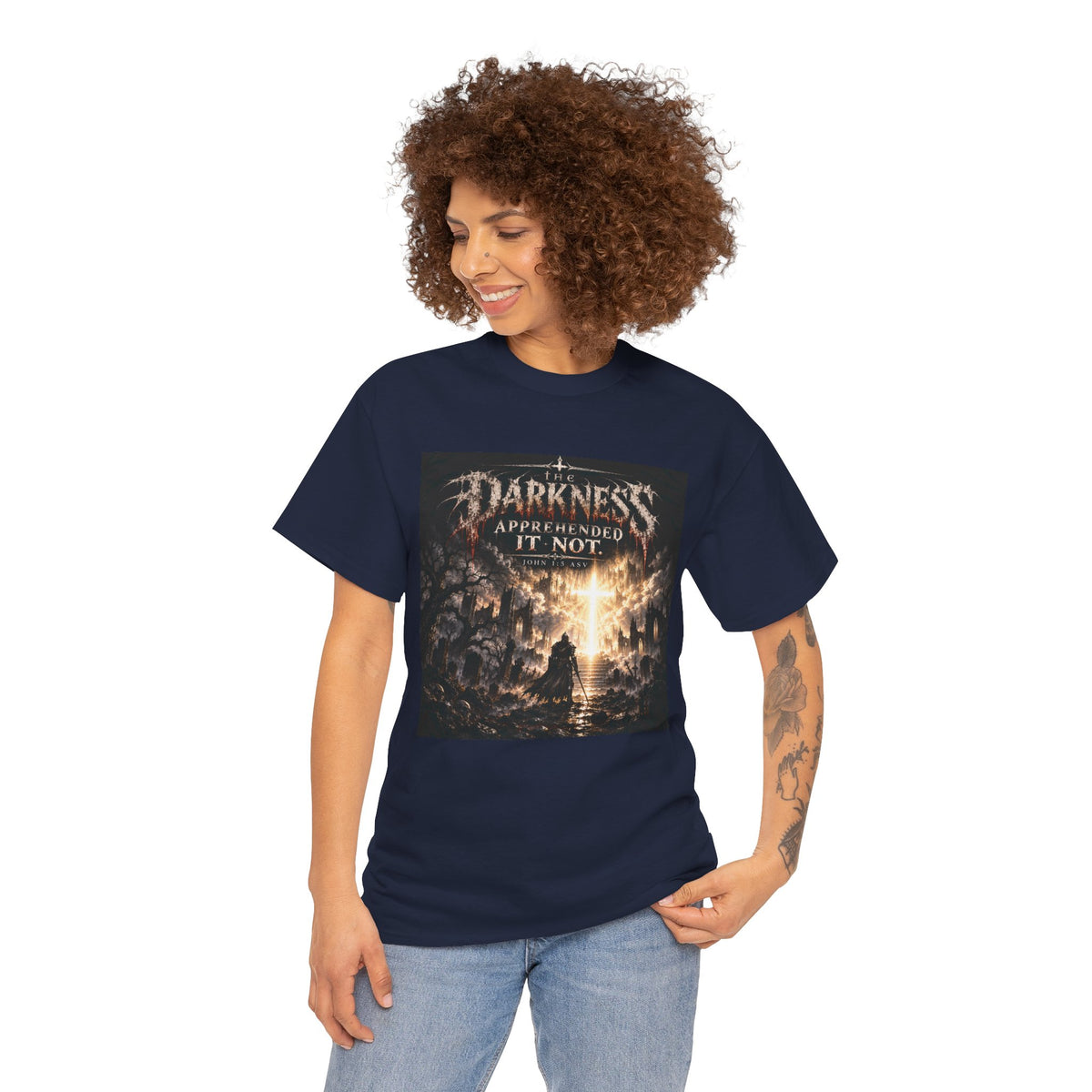 "Light Defeats Darkness" October Holliday Line edition T-Shirt — "Darkness Appeared He Need It Not" Graphic Tee (Ephesians 6:11)