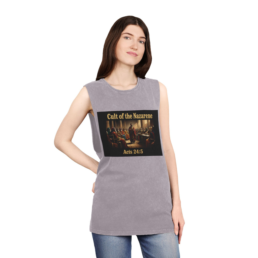 Cult of the Nazarene Tank Top – Vintage Stonewash Christian Scripture (Acts 24:5 / Matthew 5:11)