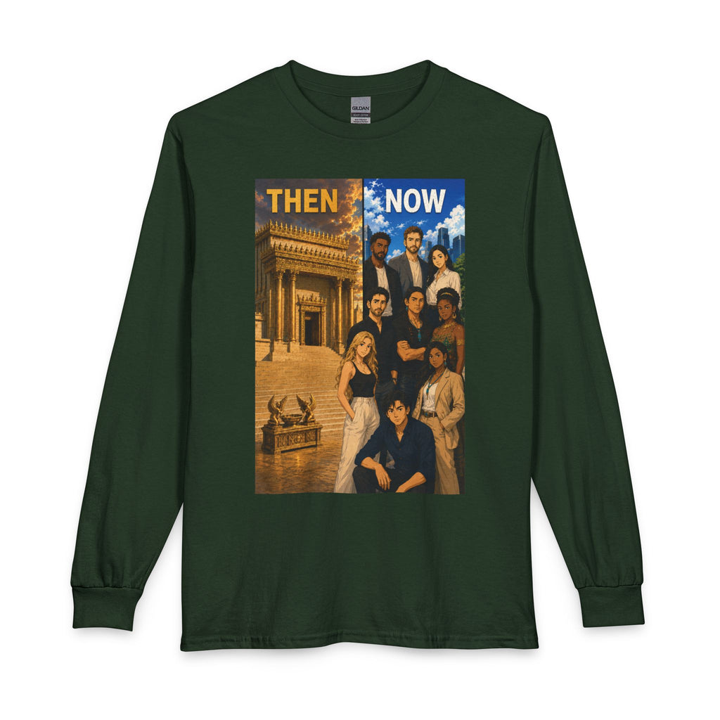 Then & Now non-animated Long Sleeve Tee — 2 Corinthians 6:16 Scripture Shirt