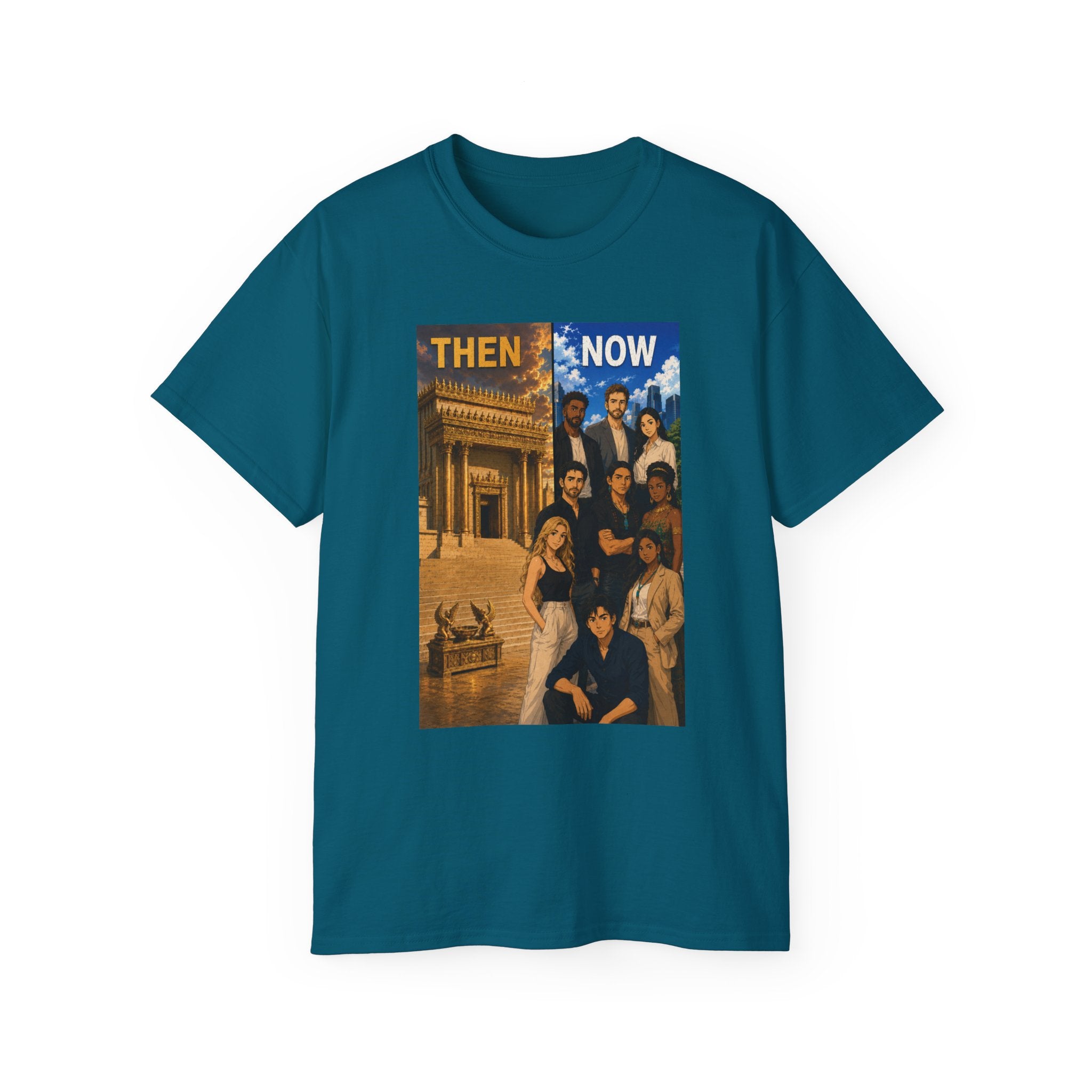 Then & Now non-animated Christian Graphic Tee — 2 Corinthians 6:16 Bible Verse Shirt