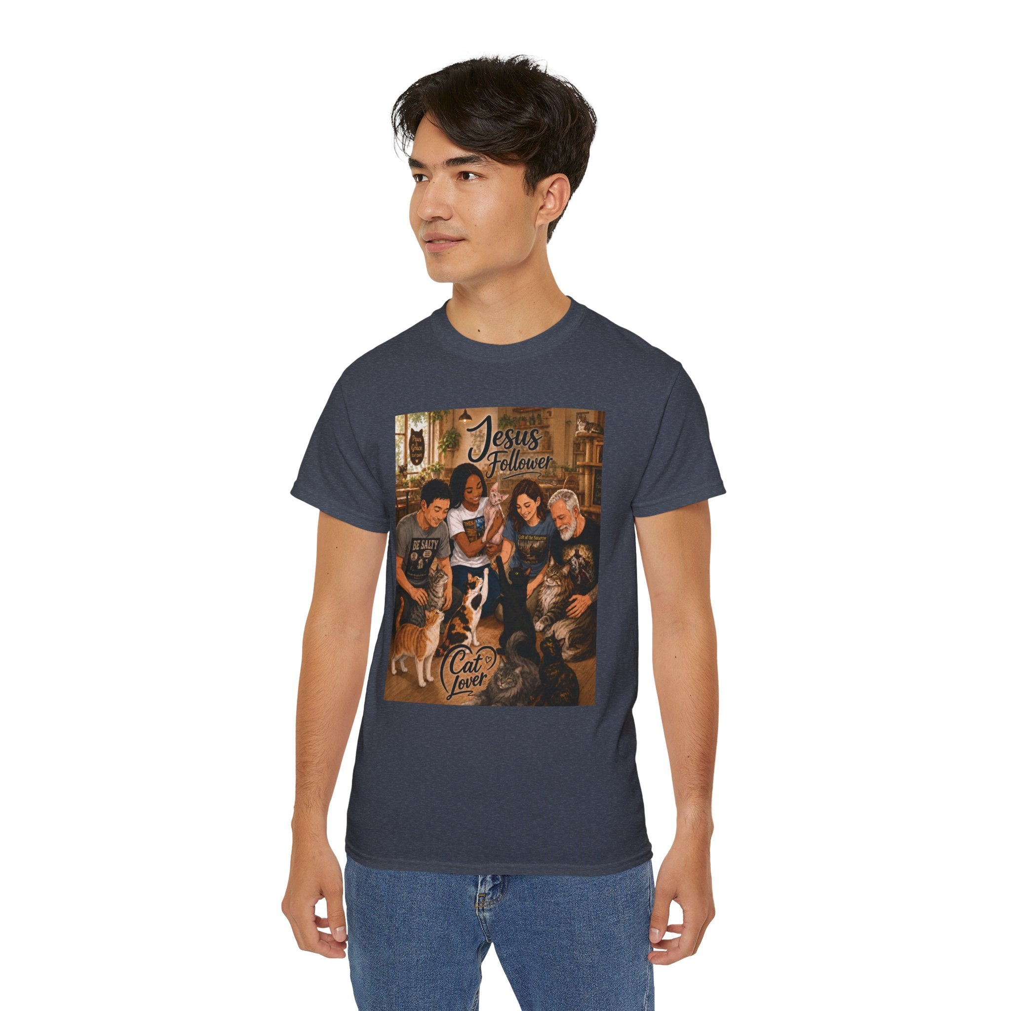 Jesus Follower Cat Lover T-Shirt — Proverbs 12:10 cat cafe Faith Tee