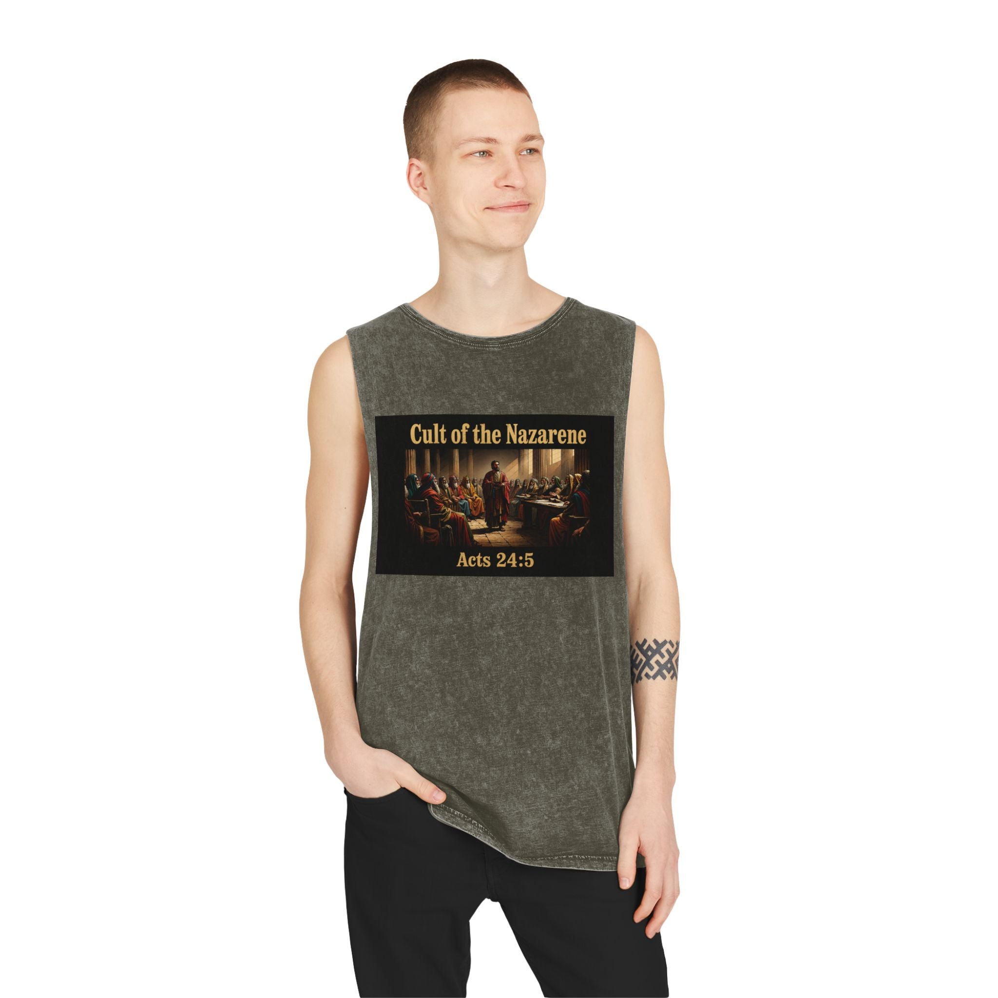 Cult of the Nazarene Tank Top – Vintage Stonewash Christian Scripture (Acts 24:5 / Matthew 5:11)