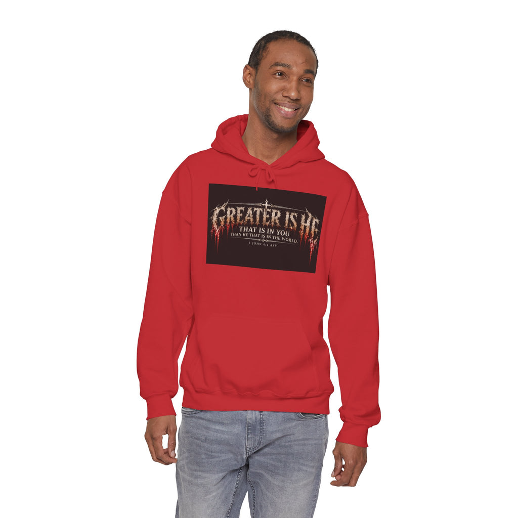 “Greater Is He” Holiday October Edition Christian Hoodie with Flame Cross Design