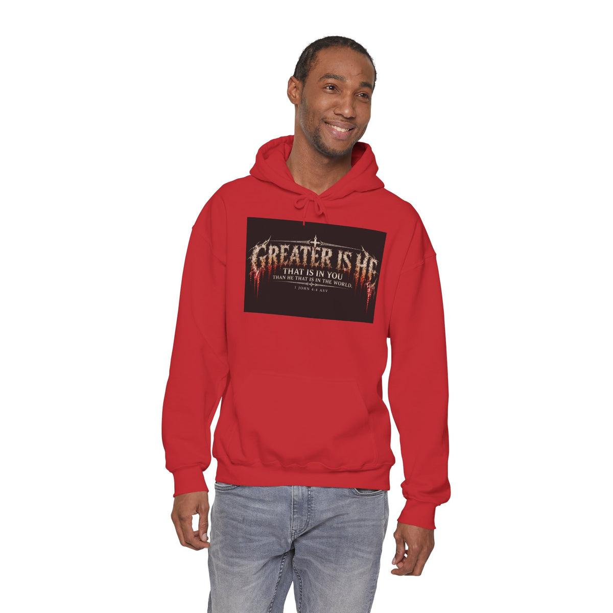 “Greater Is He” Holiday October Edition Christian Hoodie with Flame Cross Design