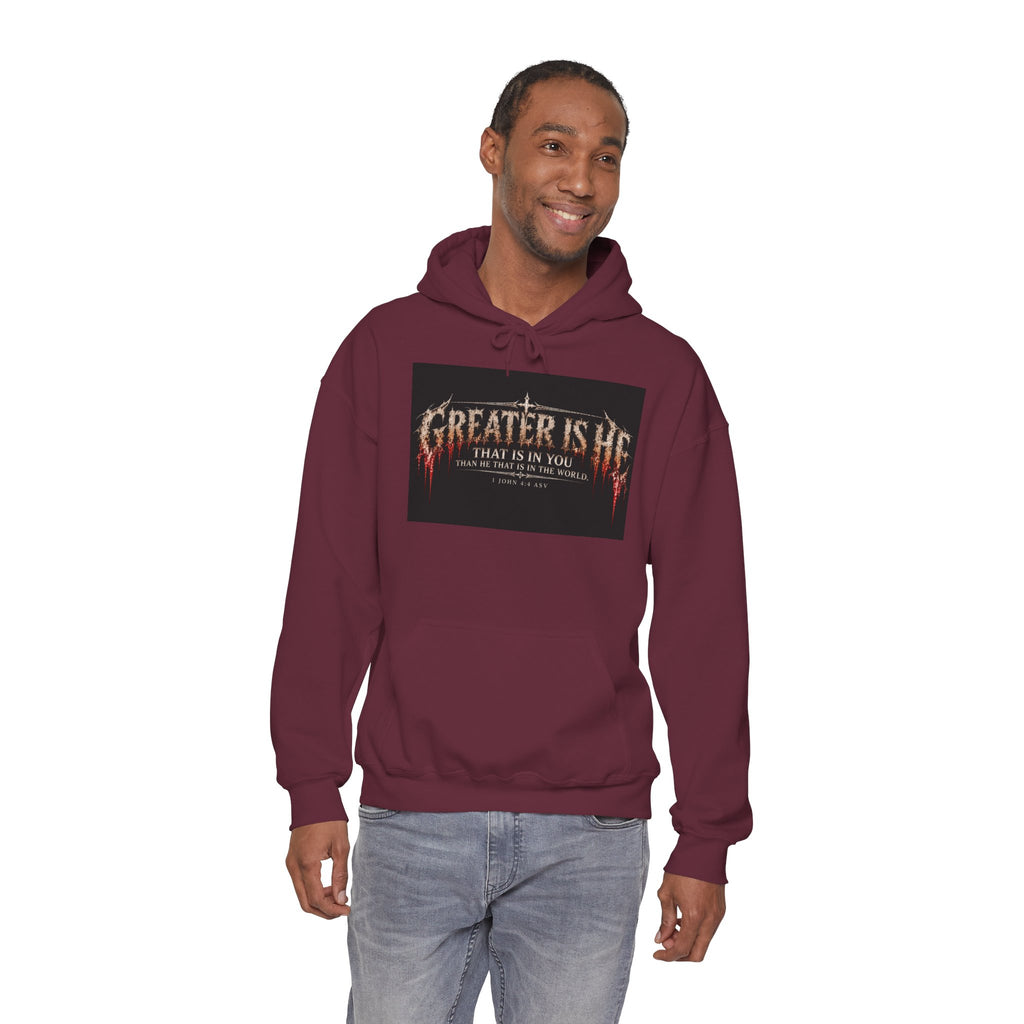 “Greater Is He” Holiday October Edition Christian Hoodie with Flame Cross Design