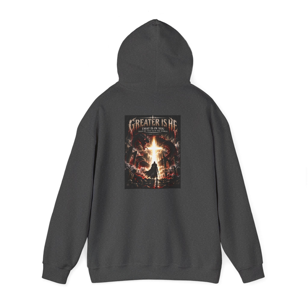 “Greater Is He” Holiday October Edition Christian Hoodie with Flame Cross Design