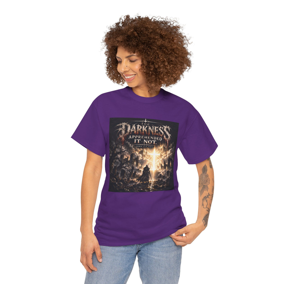 "Light Defeats Darkness" October Holliday Line edition T-Shirt — "Darkness Appeared He Need It Not" Graphic Tee (Ephesians 6:11)
