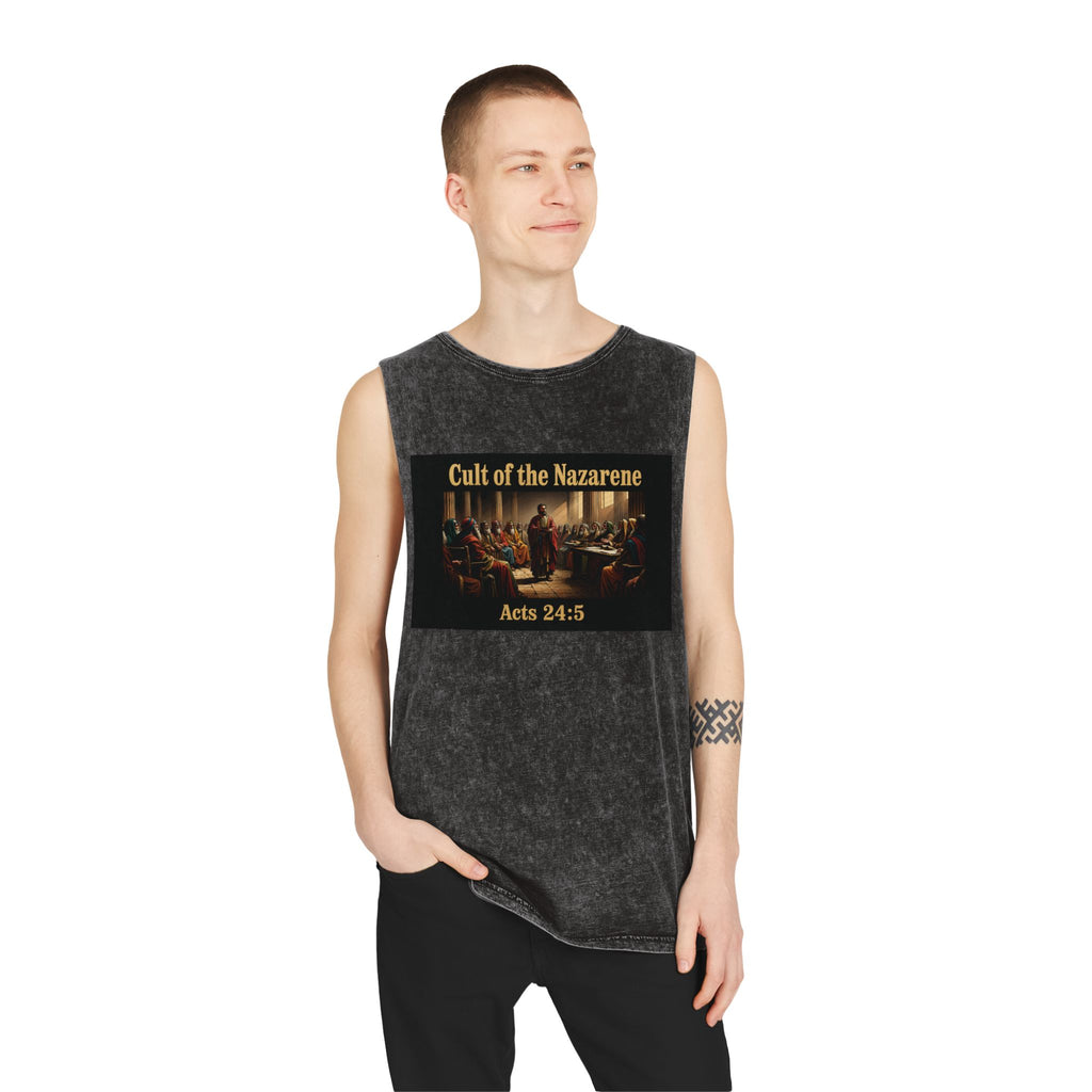 Cult of the Nazarene Tank Top – Vintage Stonewash Christian Scripture (Acts 24:5 / Matthew 5:11)