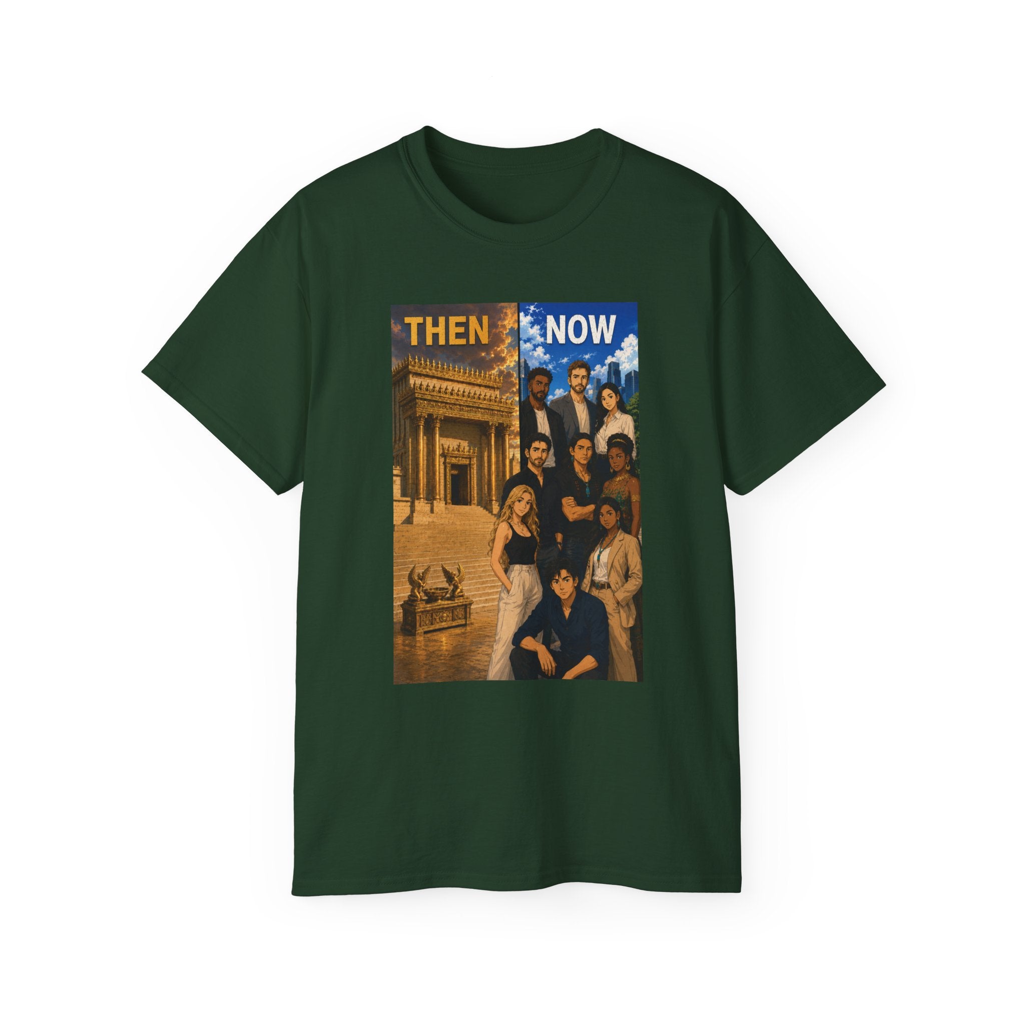 Then & Now non-animated Christian Graphic Tee — 2 Corinthians 6:16 Bible Verse Shirt