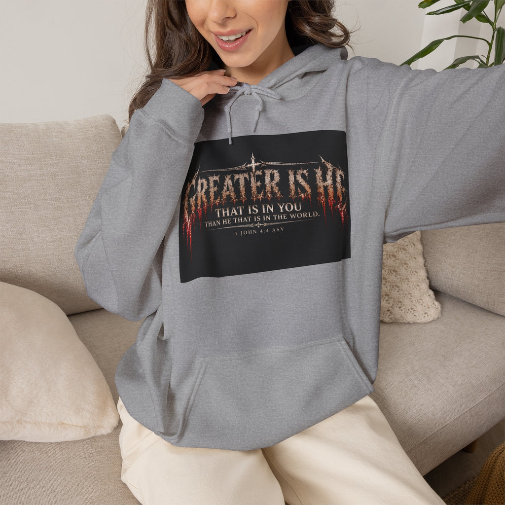 “Greater Is He” Holiday October Edition Christian Hoodie with Flame Cross Design