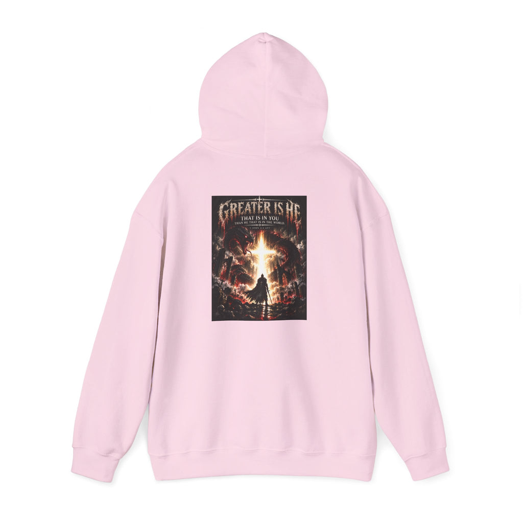 “Greater Is He” Holiday October Edition Christian Hoodie with Flame Cross Design
