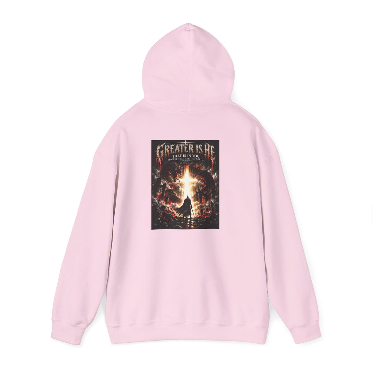 “Greater Is He” Holiday October Edition Christian Hoodie with Flame Cross Design
