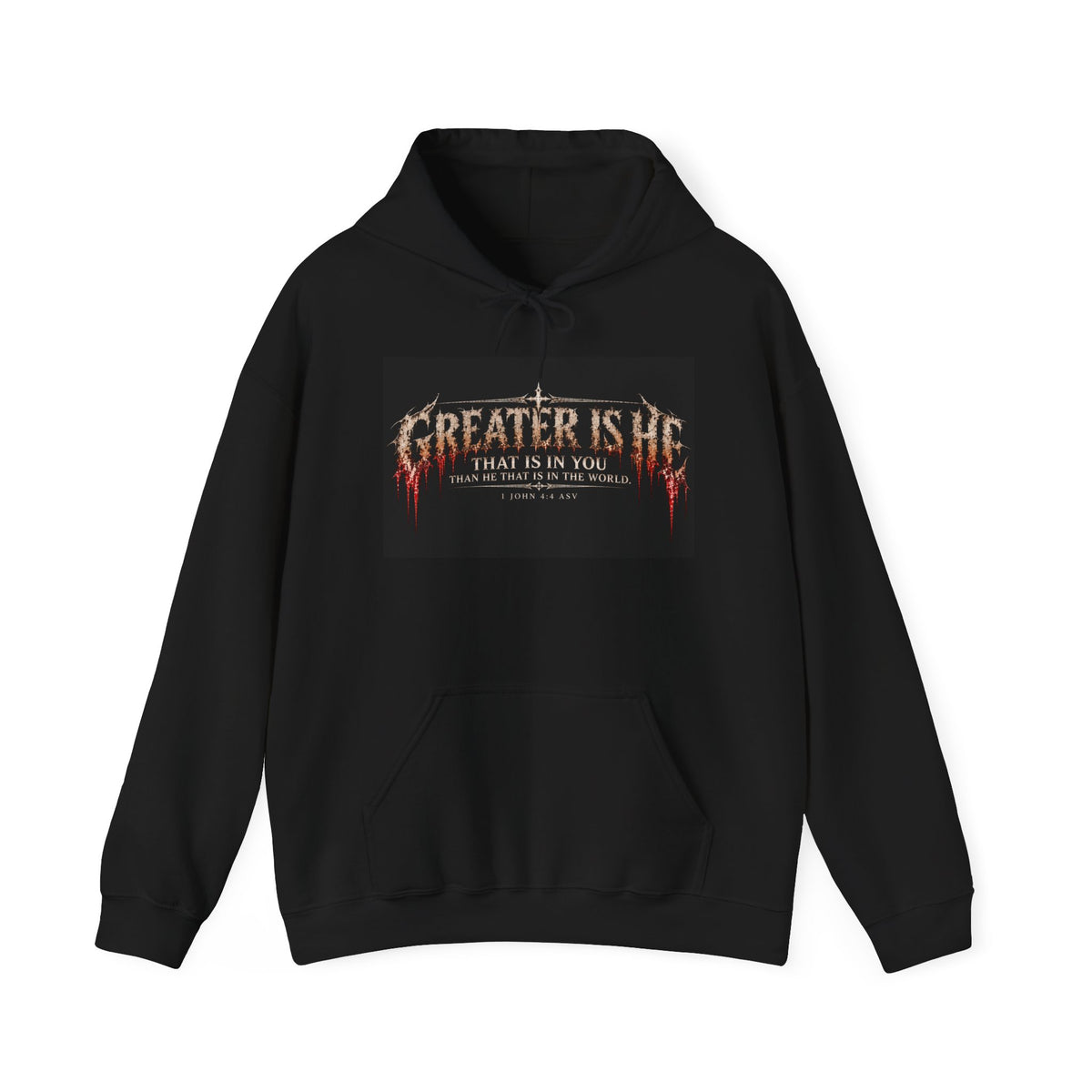 “Greater Is He” Holiday October Edition Christian Hoodie with Flame Cross Design