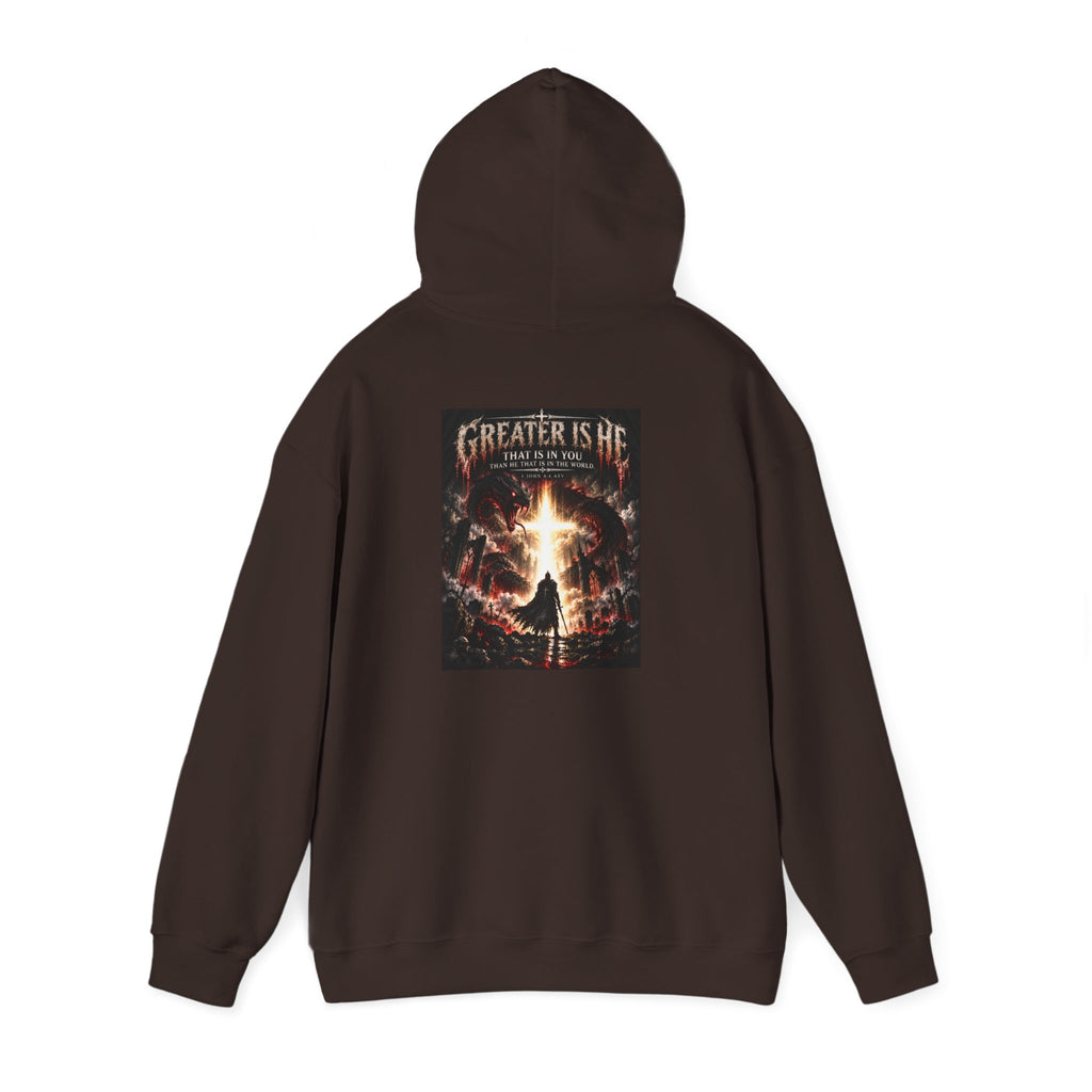 “Greater Is He” Holiday October Edition Christian Hoodie with Flame Cross Design